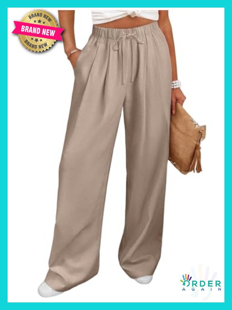 Wide Leg Linen Palazzo Pants Elastic Waist Drawstring Flowy Trousers With